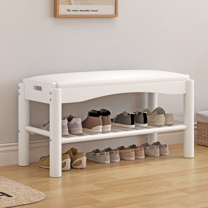 Solid Wood Shoe Bench for Home Entryway, Low Stool with Upholstered Seat, Soft-Cushioned Shoe Cabinet, Entrance Hallway Shoe Rack, Wooden Shoe Changing Stool for Outside Doorway