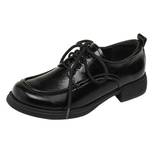 Genuine leather lace-up leather shoes Women's British Style 2023 autumn new platform loafers chunky heel single-layer shoes plus size women's shoes