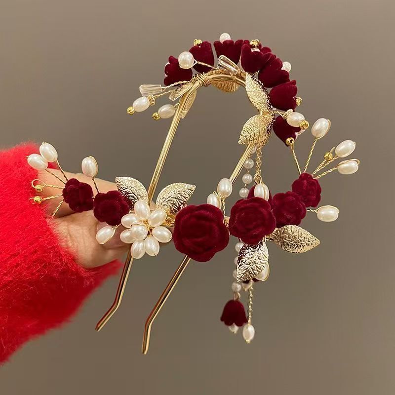 Retro Rose Hairpin Bride Toast Dress Headdress Red Wedding Hair Accessories Hairpin with Large Hair Volume Retro Rose Hairpin Bride Toast Dress Headdress Red Wedding Hair Accessories Hairpin with Large Hair Volume
