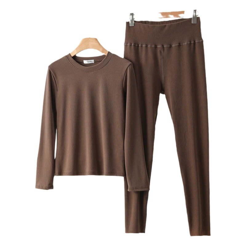 Теплый костюм с круглым вырезом и длинными рукавами, женский осенне-зимний однотонная майка, осенняя одежда, длинные брюки, комплект из двух предметов