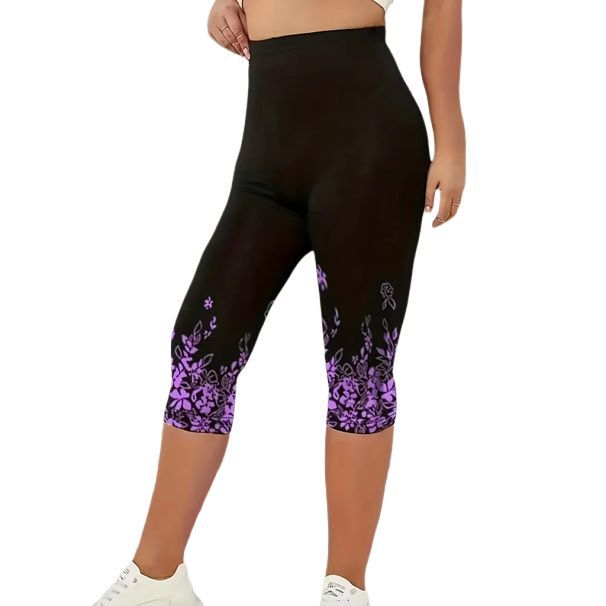 Casual Slim-Fit Leggings Women's Printed High Rise Slight Stretch Capri Fashionable Flower Leggings