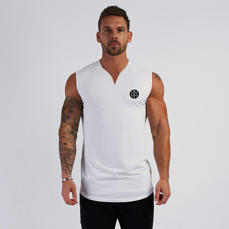 Moda europea y americana pequeño cuello en V chaleco deportivo hombres verano culturismo fitness camiseta sin mangas correr entrenamiento apretado superior algodón image 7