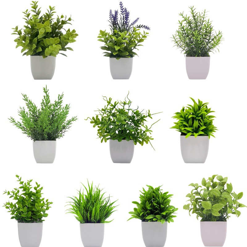Venta al por mayor transfronteriza de Amazon: Juego de 10 mini plantas artificiales en maceta para decoración del hogar, eucalipto, lavanda, bonsái image 1