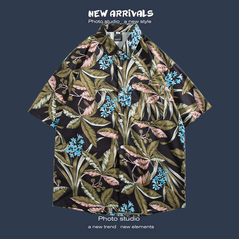 Camisa floral de manga corta Estilo de Hong Kong estilo retro de vetiver Estilo coreano moda guapo camisa de hombres y mujeres de moda y top de hadas