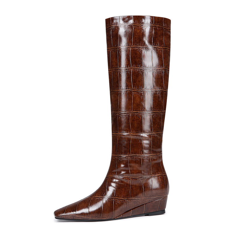 European and American Style Square-Toe Wedge Knee-High Boots with Stone Pattern, Size 47, Runway Fashion High Boots, Women's Riding Boots