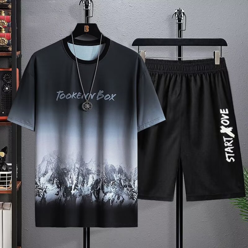 Conjunto de 2 piezas de traje corto de seda helada de moda de verano para hombre - Imagen 8 de 8