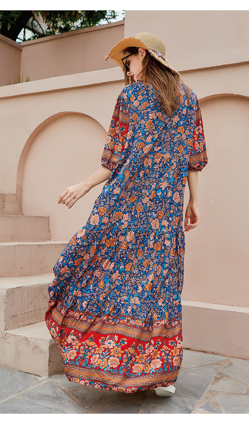 Langes Blumenkleid Für Damen Orientalischer Stil Baumwollseide_voghion.com