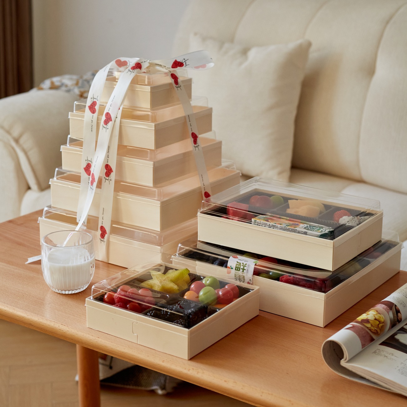 Caja de comida ligera de madera desechable para llevar, caja de embalaje de picnic de estilo japonés de alta calidad de cinco o siete cuadros