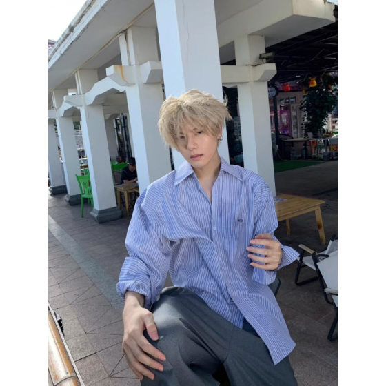 Autumn New American Style Retro Holiday Style Blue and White Striped Shirt for Men and Women Design Sense Casual Loose Embroidered Shirt