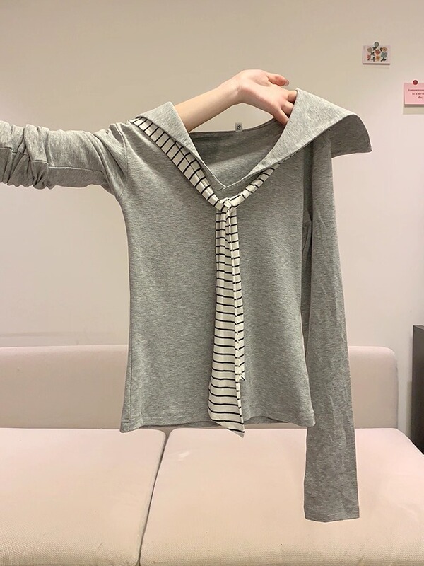 学院风白色海军领假两件长袖t恤女早秋修身miu系条纹领带v领上衣|undefined