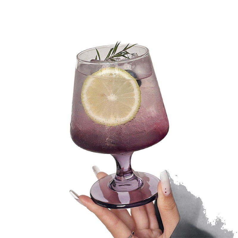 Tazas de vidrio de pies altos creativas de alta calidad de tazas de agua de burbujas de jugo de niñas, tazas de cóctel de vinos de mezcla de sabor púrpura