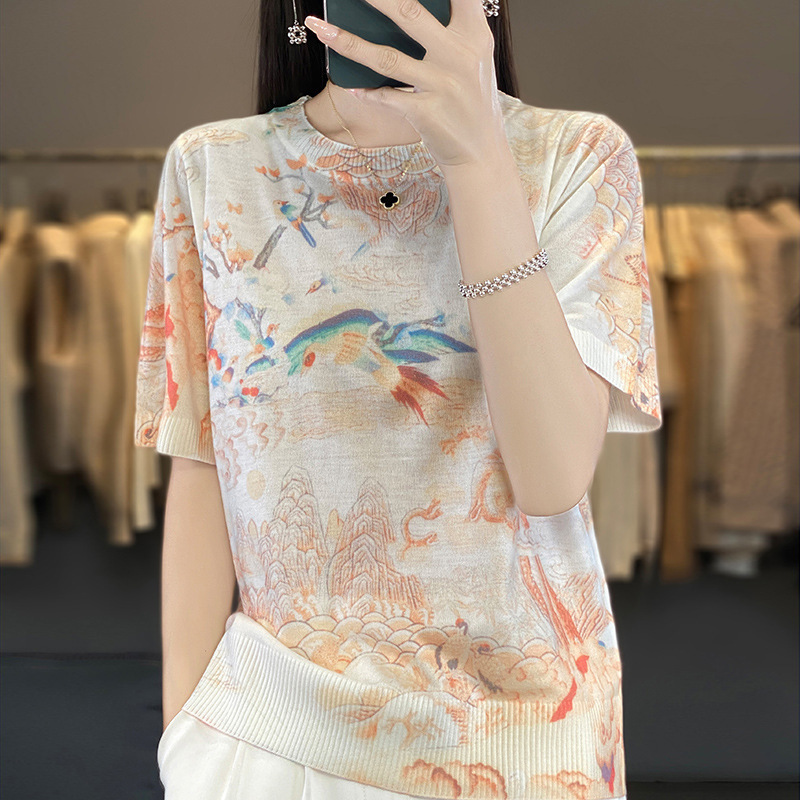 Ultra-soft Waxy Ultra-thin 120 Ultra-fine Water Soluble Wool Knitwear Round Neck Sun Protection Shirt Digital Printing Base Shirt Ultra-soft Waxy Ultra-thin 120 Ultra-fine Water Soluble Wool Knitwear Round Neck Sun Protection Shirt Digital Printing Base Shirt