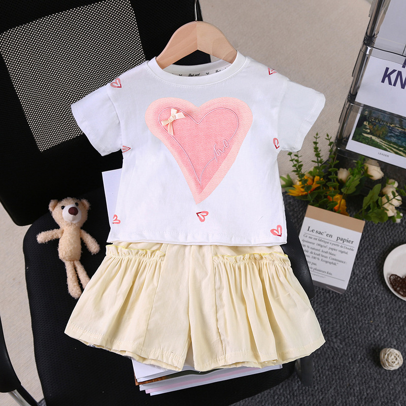 女の赤ちゃん 2025 夏の新スタイル無地ラブ半袖ショーツ服夏のツーピースセット外国貿易卸売|undefined