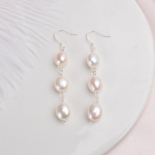 Baroque Pearl Earrings Women's Long Elegant 925 Silver Ear Drop EH3910