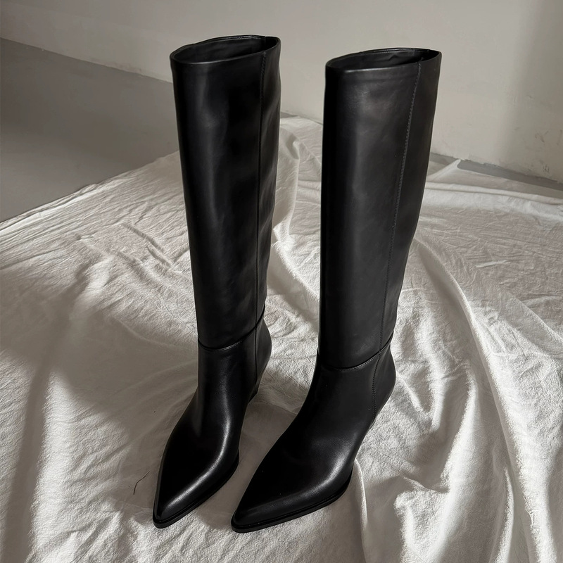 In stock~ Pointed-toe retro long boots, chunky heel, slimming, elegant, high-heeled, knee-high, slim boots, not over-the-knee, riding boots
