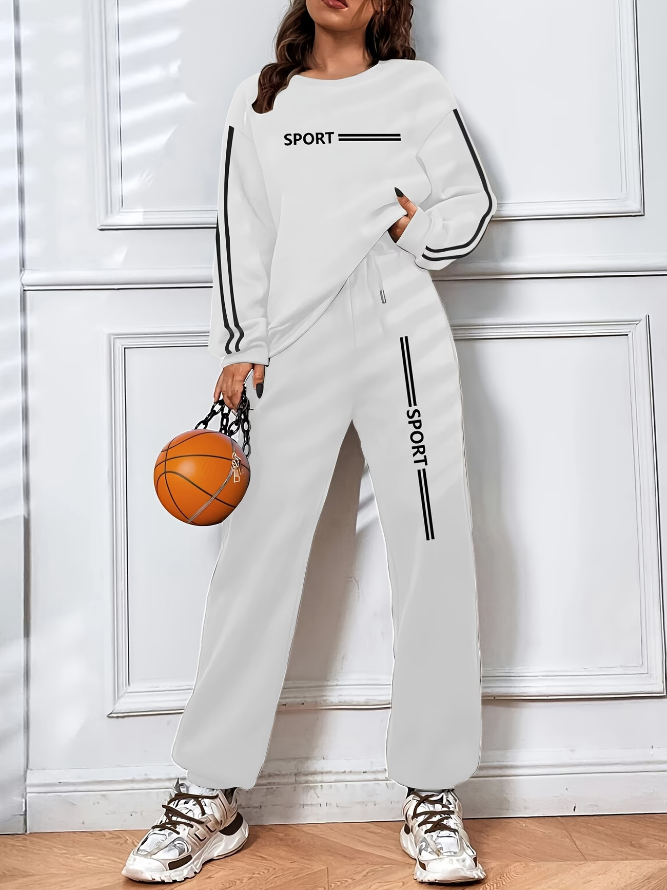 Women's Fleece Lined Tracksuit Long Sleeved Autumn Winter Fashion Letter Print Casual Set_ecoleips.com