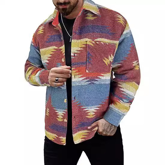 Giacca da uomo casual in cotone stampato con fibbia, manica lunga, colletto ribaltabile, stile western, jacquard, 2024_voghion.com