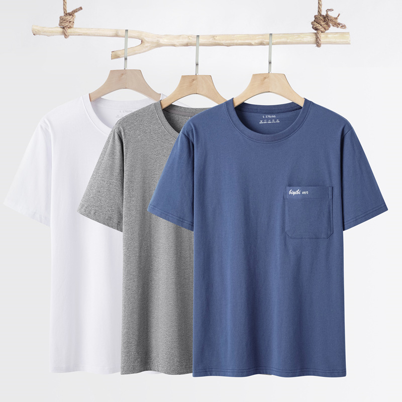 Summer Men's Short-sleeved T-shirt New Cotton Breathable Middle-aged Men's Crewneck Pocket Cotton Base Shirt T-shirt