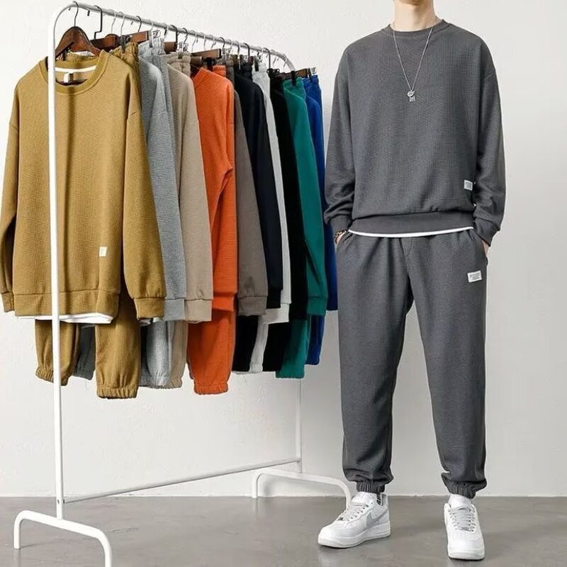 Cross-border Casual Sports Sweat suit Men's Autumn and Winter New Hong Kong-style Loosen Waffled Crewneck Sweat