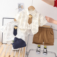 逗逗夏季新款帥氣領帶熊襯衫短袖卡通套裝兒童寶寶男童時髦兩件套