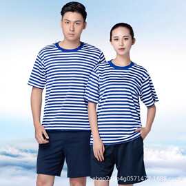 海魂衫男夏季体能训练服套装蓝白条纹作训短袖速干透气军迷t恤男