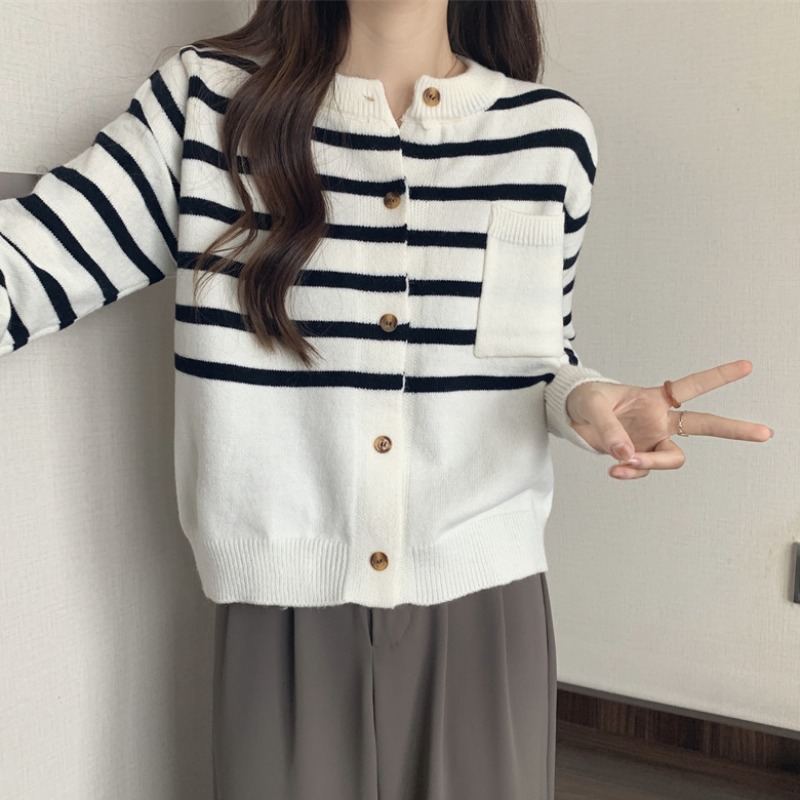 여성용 게으른 스타일 레트로 스웨터 코트 여성용 게으른 스타일 슬리밍 벨리 커버 스트라이프 긴 소매 스웨터
