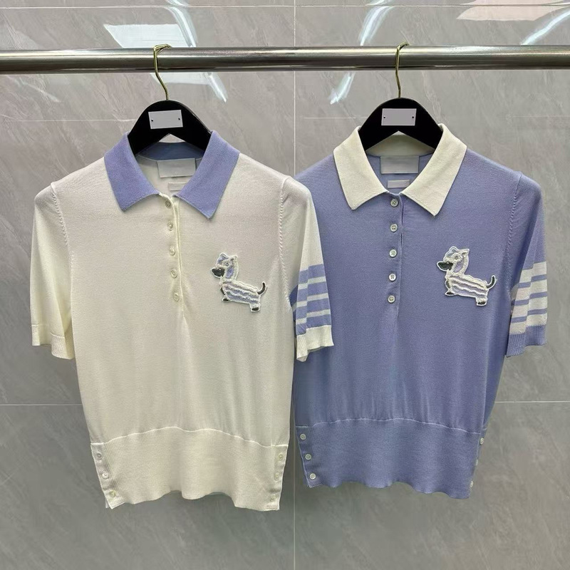 Factory direct sales: TB women's lion and dog embroidered merino wool short-sleeved knit top with a collar, in a preppy style Factory direct sales: TB women's lion and dog embroidered merino wool short-sleeved knit top with a collar, in a preppy style