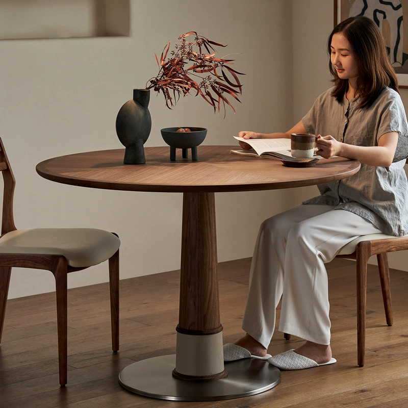 竹蜻蜓北美黑胡桃木实木圆餐桌北欧家用小户型吃饭桌法式复古圆桌