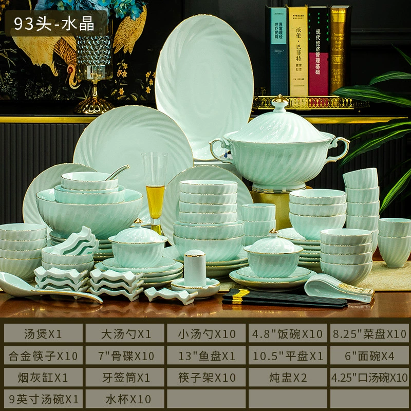 Qihuixuan Jingdezhen Gaobai Porcelain Tableware Set – Mint Green Bone China Bowls, 22–93 Pc