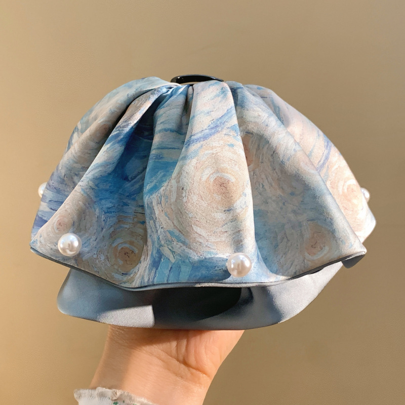 新款油画风蓝色星空珍珠裙摆马尾抓夹女高级感气质后脑勺发夹头饰|undefined