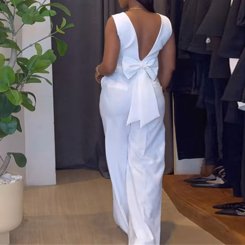Women Clothing Spring Solid Color Backless Bow Top Wide Leg Trousers Casual Suit