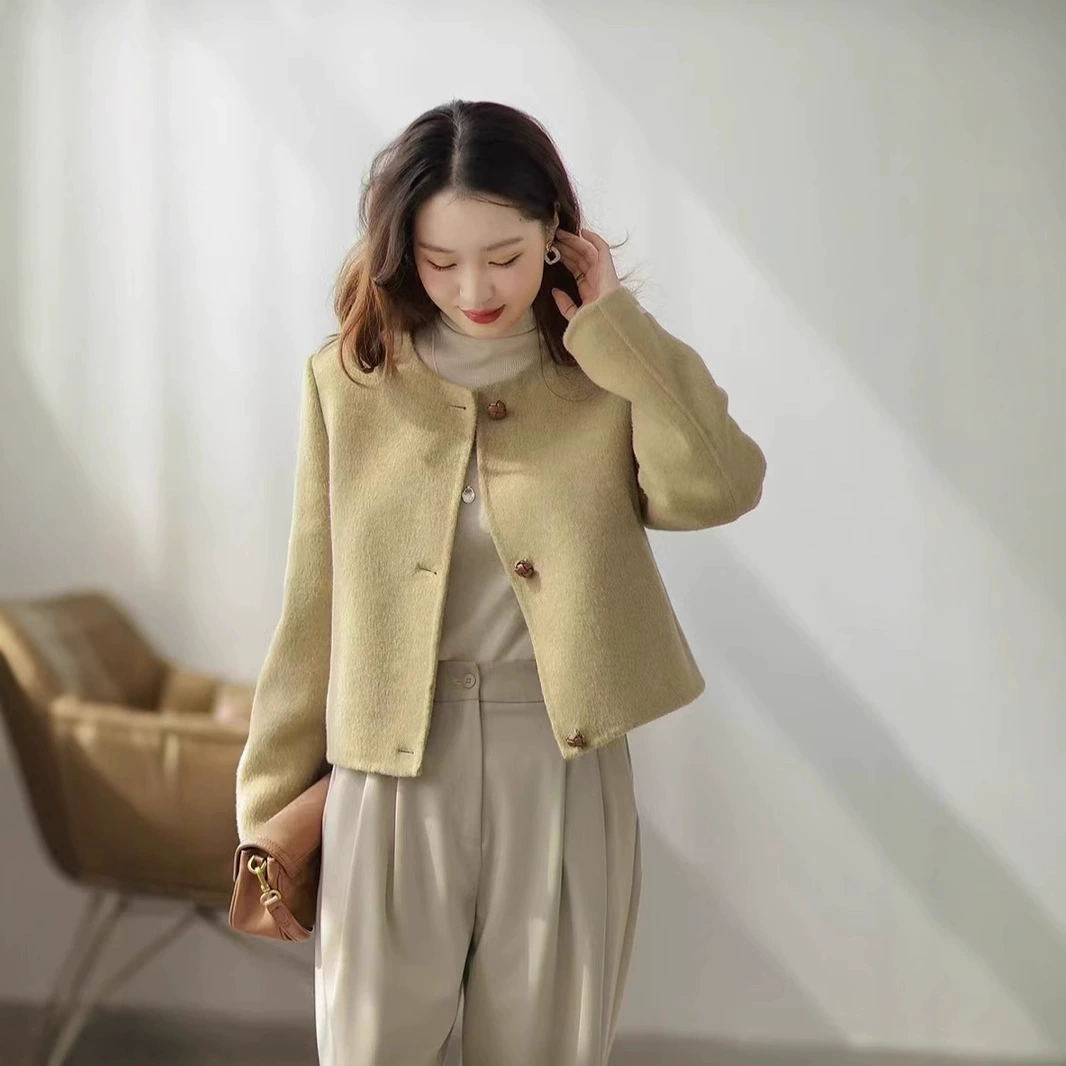 Осеннее и зимнее новое корейское двухстороннее кашемировое пальто женское короткое плечо с круглым вырезом