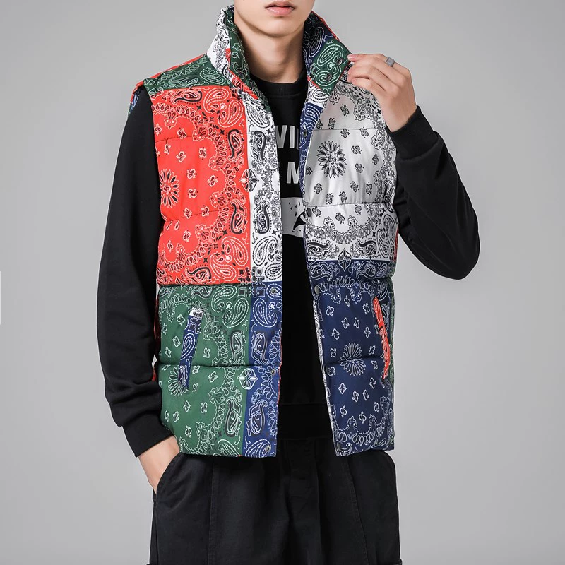Мужской жилет ins модный кешью цветок утолщенный вниз хлопок жилет Пары Воротник печатных цвет