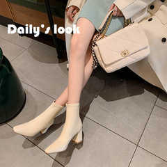 Internet celebrity Korean style women's short boots, everyday versatile cowhide thick heels, fashionable slim boots, sexy square toe high-heeled women's shoes