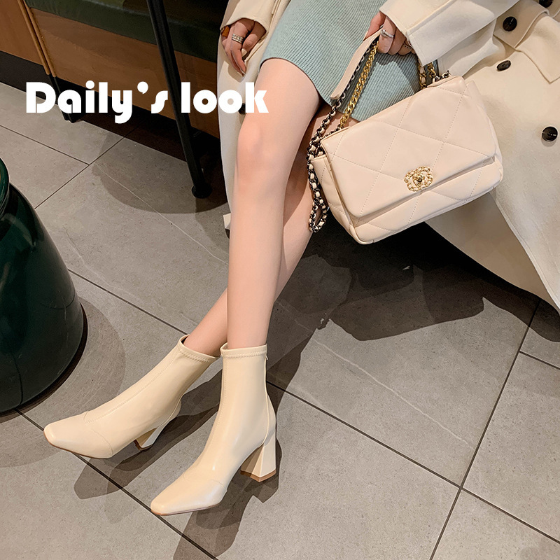 Korean Style Women's Short Boots, Versatile for Everyday Wear, Made of Cowhide with Chunky Heels, Fashionable Slim Boots, Sexy Square-Toe High-Heeled Boots, Non-Slip Korean Style Women's Short Boots, Versatile for Everyday Wear, Made of Cowhide with Chunky Heels, Fashionable Slim Boots, Sexy Square-Toe High-Heeled Boots, Non-Slip