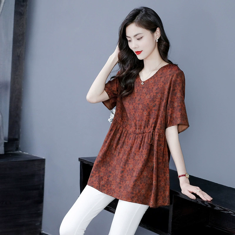 Летняя Новая Элегантная шифоновая рубашка с короткими рукавами и цветочным принтом для молодых мам, топ больших размеров, женская одежда среднего и пожилого возраста