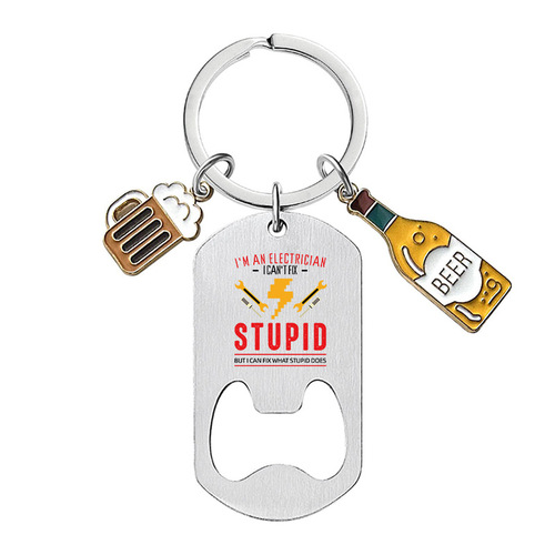 Color printed keychain wholesale cross-border stainless steel bottle opener wine glass Father's Day gift metal keychain