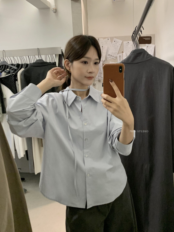 【MISS密思家】简约气质小贴标袖子小设计衬衫女装(配领绳)33719|undefined