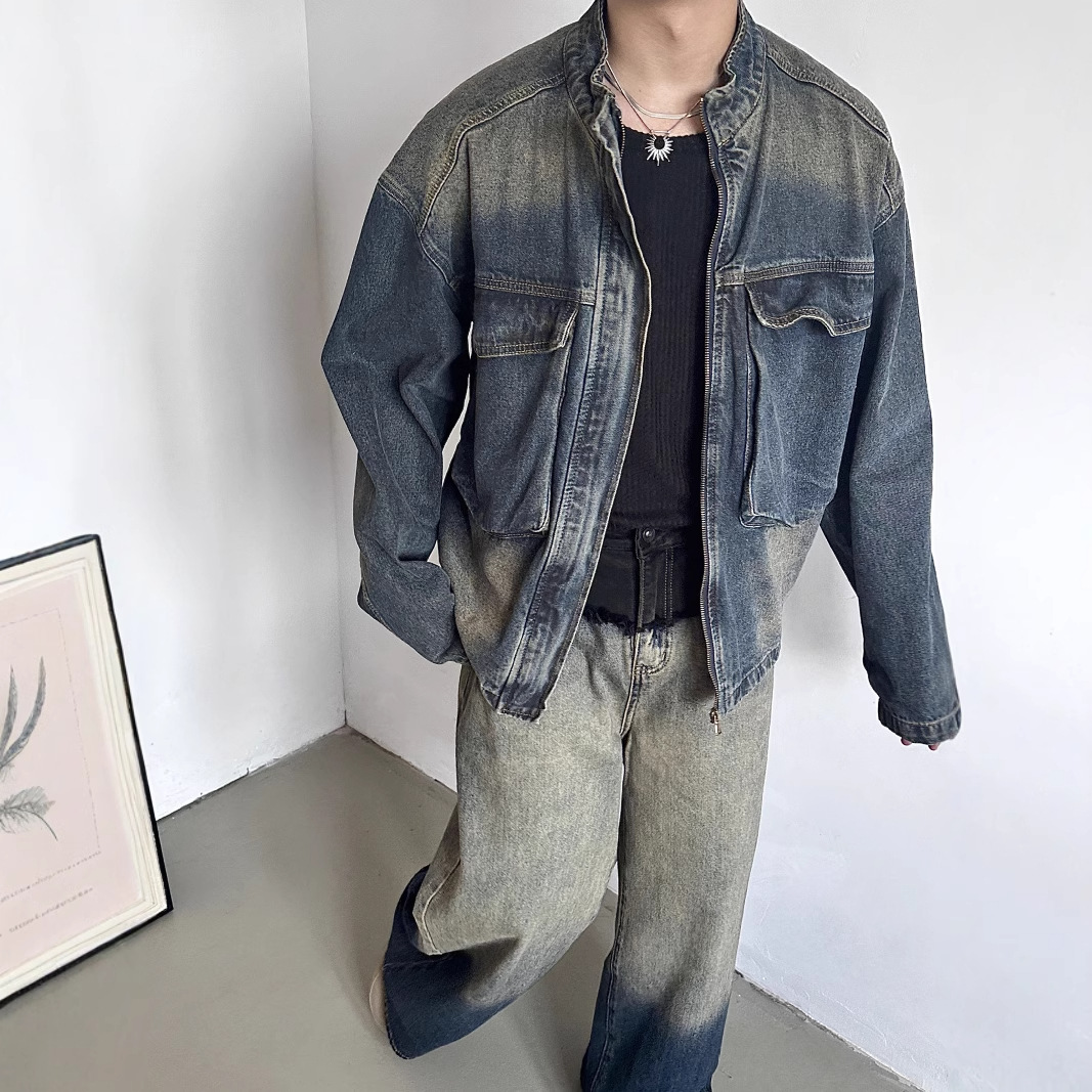 Otoño 2023 nostálgico azul retro flojo gran bolsillo del collar soporte Denim coat hombres casual zipper chaqueta de moda superior