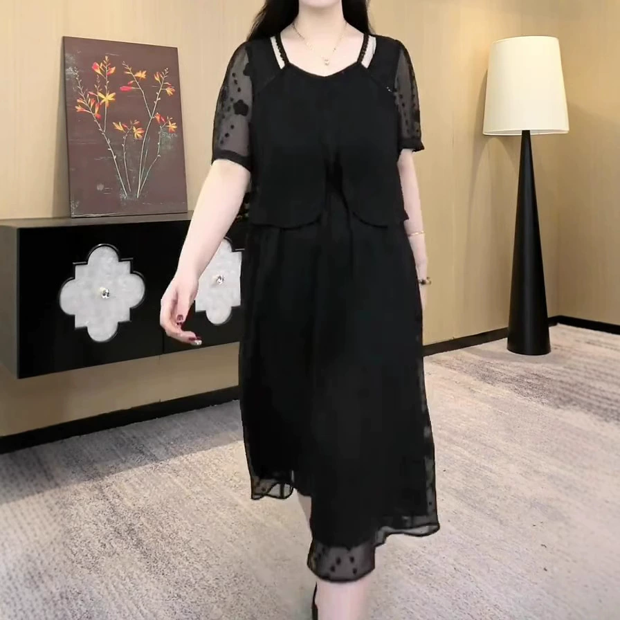 Летнее платье 2025 года, европейский дизайн, имитация двухслойного шифона, кружево, жаккард, больших размеров, женская одежда