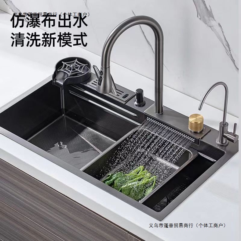 JMWOHTT加厚厨房水槽大单槽不锈钢飞雨瀑布刀架洗菜盆全套一整套|undefined