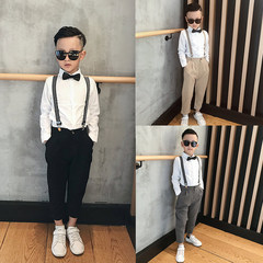 童裝背帶褲套裝 兒童長西褲長袖襯衫領結背帶4件套演出服一件代發