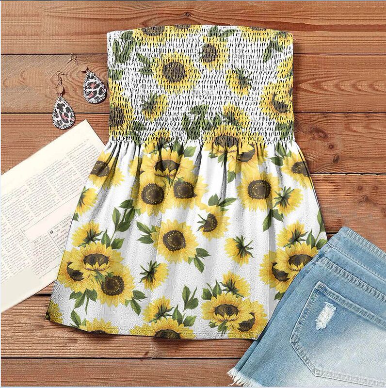 ebay Amazon Hot Women's Summer New T-shirt Sweet Printed Backless Slimming Tube Top for Vacation