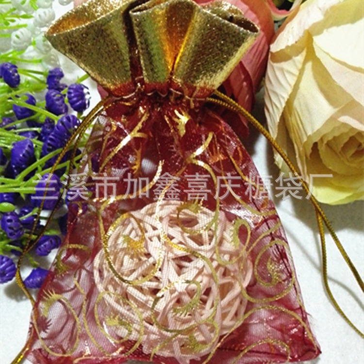厂家直销10x14CM金口烫金袋 眉毛花图案 网纱袋 束口袋 喜糖袋