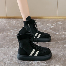 马丁靴女2025新款秋季高帮德训鞋松糕厚底板鞋黑色系带女性短靴子