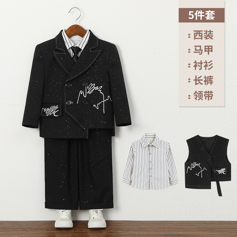 儿童西装复古满天星刺绣马甲男童设计感时尚西服外套花童周岁礼服|undefined