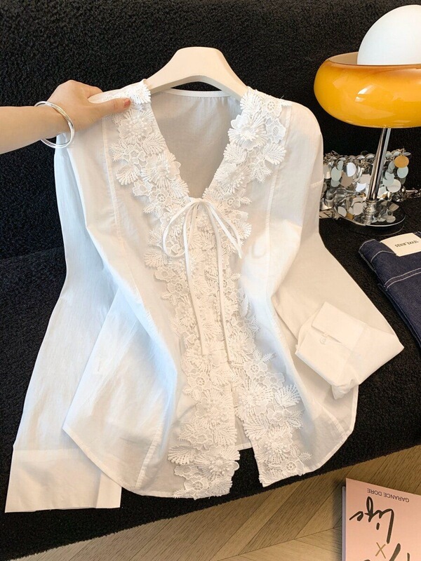French-style V-neck lace-up white shirt for women, spring/summer 2026 new model, sun-protective long-sleeve outerwear