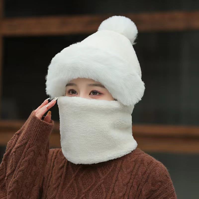 毛绒帽子围巾一体女冬围脖小熊可爱秋冬季洋气百搭时尚保暖护耳帽|undefined