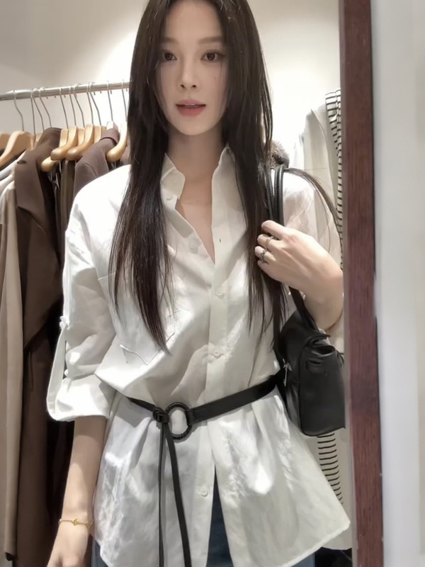 白色气质高级感长袖衬衫女秋季2025新款宽松小众别致法式腰带上衣|undefined