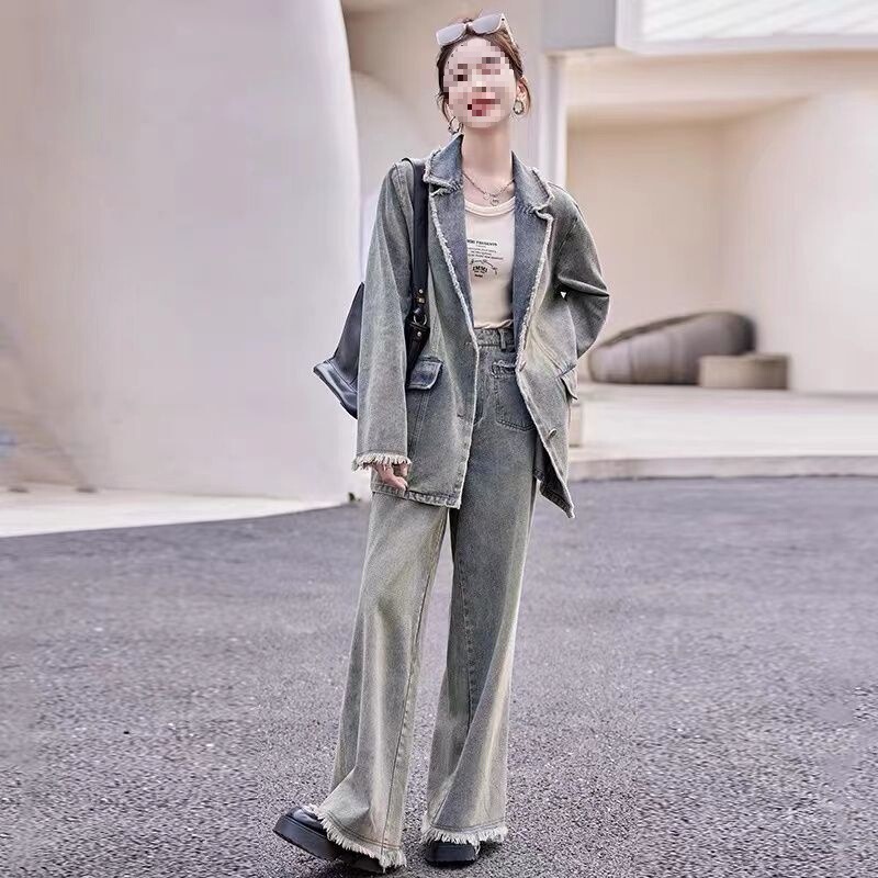 Korean Style Street Retro Casual Suit Denim Suit for Women 2025 Spring & Fall New High-End Wide-Leg Pants Two-Piece Set Trendy